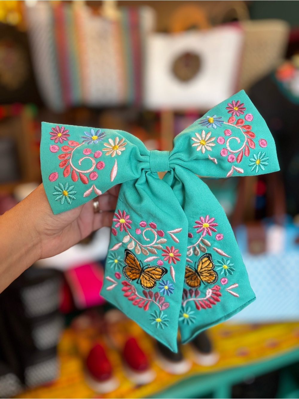 Hand Crafted Turquoise Embroidered Butterfly Bow Hair Accessory